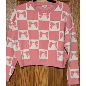 Debut Pink White Checkerboard Bows Knit Sweater Cropped Long Sleeve M